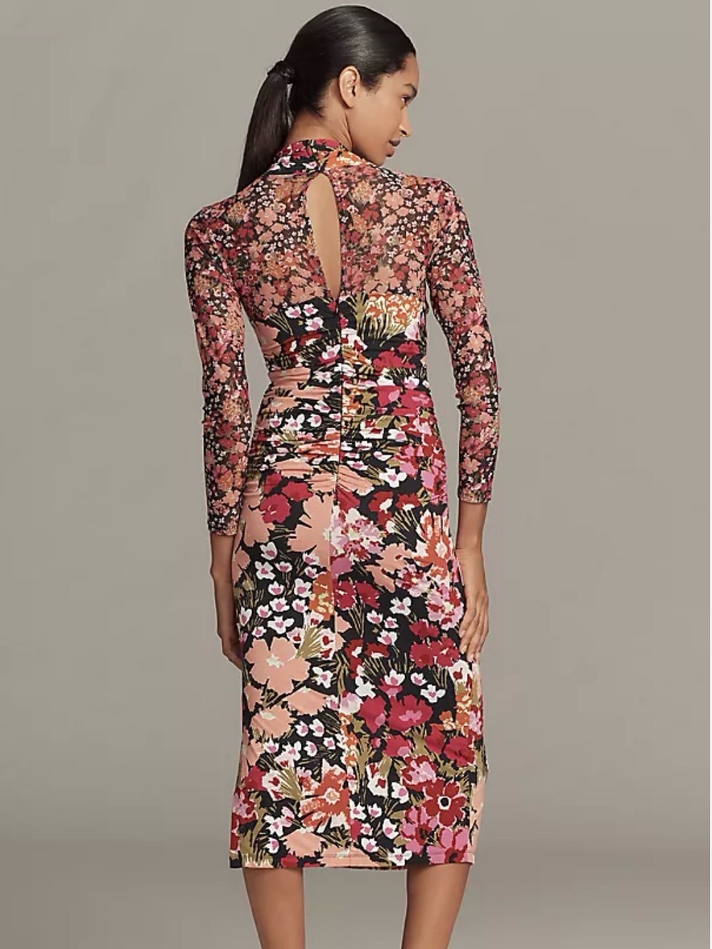 By Anthropologie Long Sleeve Halter Neck Mesh Midi Floral Dress Size Large - Picture 3 of 10